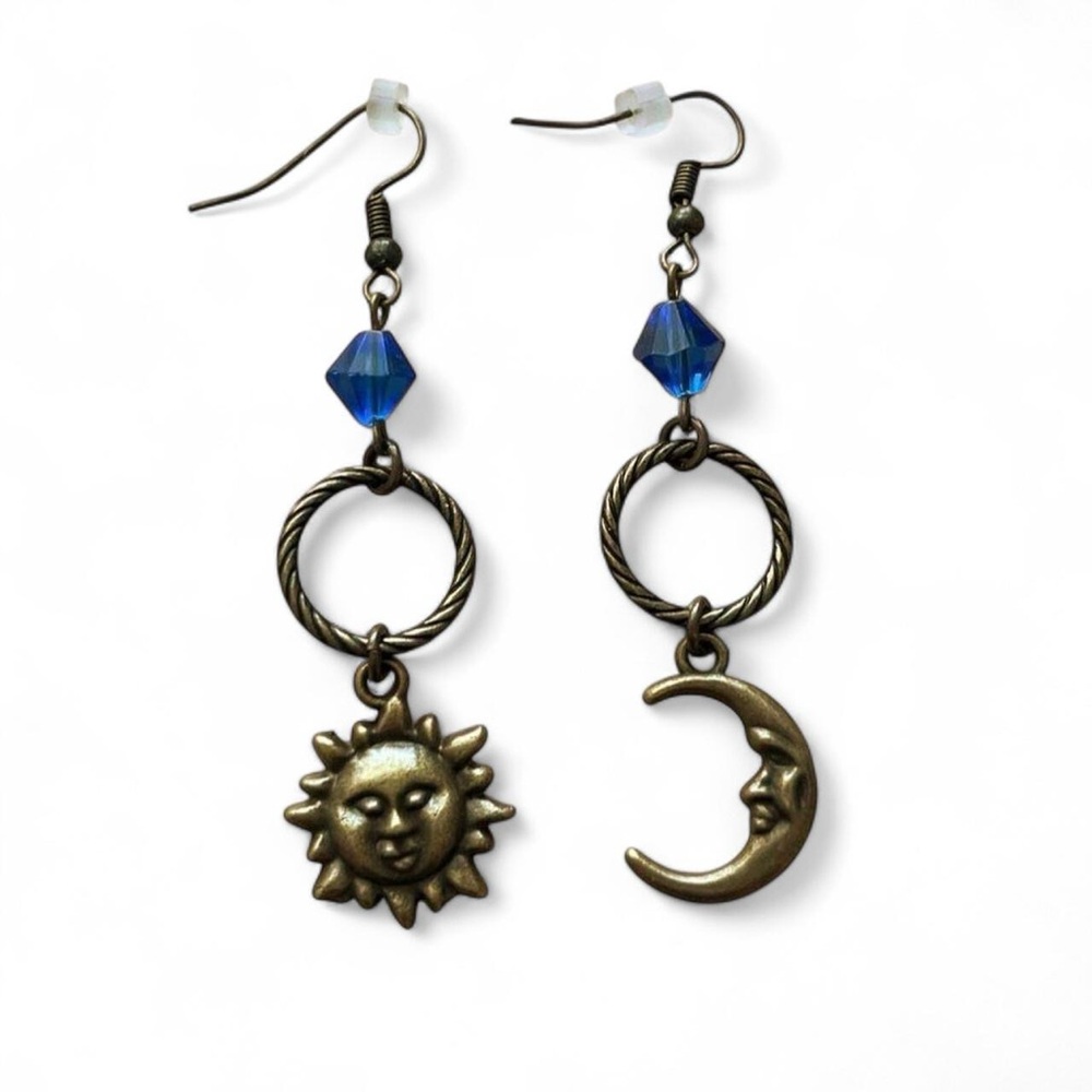 Whimsygoth Earrings Whimsical Sun and Moon Celestial Witchy Earrings Brass/Blue
